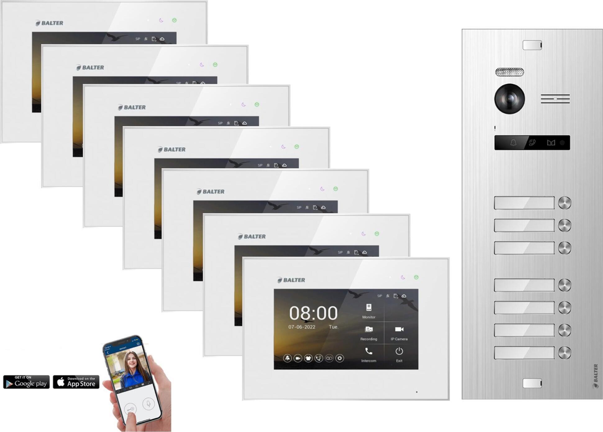 BALTER EVO HD Silber Video Türsprechanlage Set 7 Teilnehmer 7x 7" WLAN Monitor Weiß