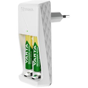 Varta Akku-Ladegerät Mini Charger 57656, für AA, AAA Akkus, 2 Ladeschächte, mit 2 Akkus
