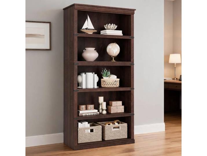Bibliothèque 5 niveaux – Style fermier – Étagères ouvertes – Charge 20 kg par étagère – 80*32*171CM - Brun