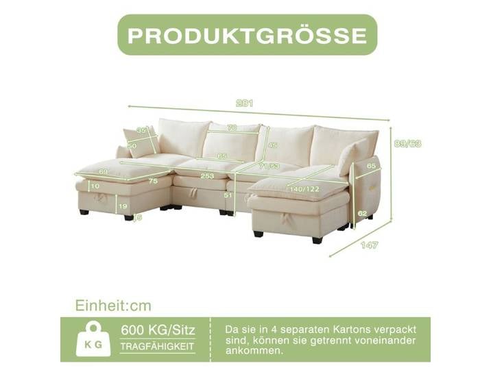Canapé dangle 6 places avec rangement canapés modulaires avec deux poufs coussins d'assise et d'accoudoirs bois massif Beige