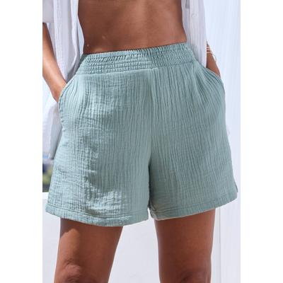 Webshorts BEACHTIME BY LASCANA "aus sommerlicher Musselinware", Damen, Gr. 36, N-Gr, grün (salbeigrün), Web, Obermaterial: 100% Baumwolle, unifarben, figurumspielend ca. Mitte Oberschenkel, Hosen, leichte Strandshorts, Sommerhose, Schlupfhose