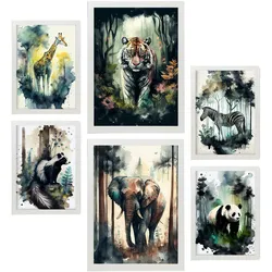 POSTER Set Mit 6 Wilde Welt Illustrationen Von Tieren In Naturlandschaften, Realistischer Aquarellstil Innenarchitektur A3 & A4 Weißer Rahmen