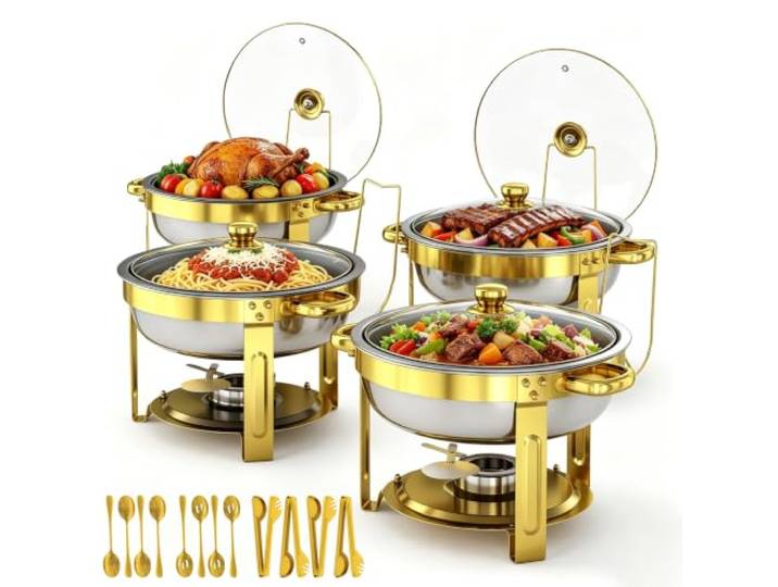 EffiQ-Rate 4 Stück Chafing Dish Rund 6QT Gold Buffetwärmer mit Glasdeckel Edelstahl, Komplettes Set mit Utensilien, Bain-Marie Heizung, Stapelbar, Spülmaschinenfest, für Party, Hochzeit, Catering