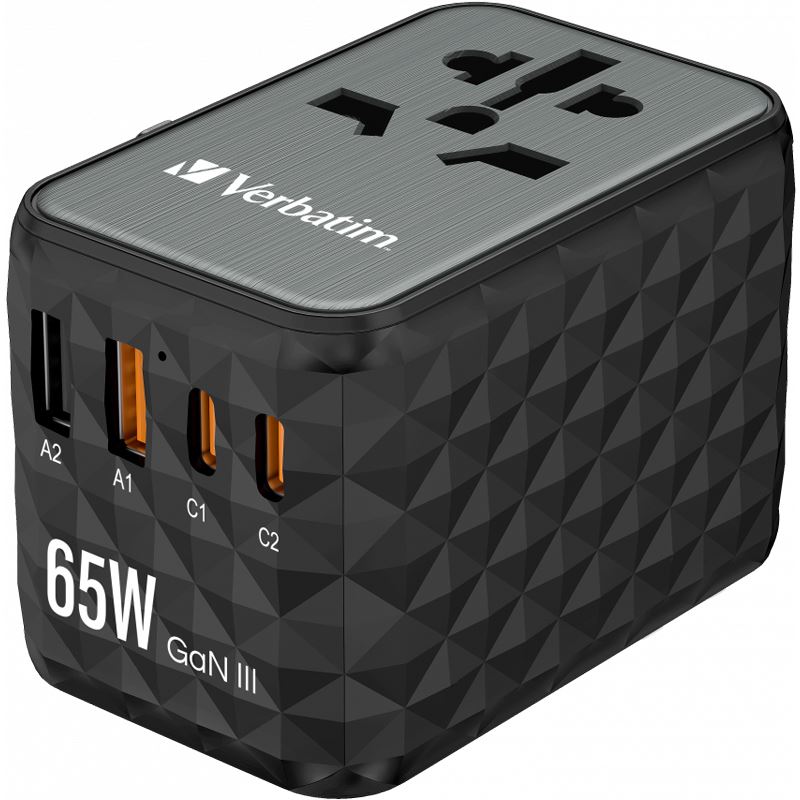 VERBATIM Ladeadapter, Universal Travel, UTA-05, GaN III, 65W 1x USB-A, 1x USB-A QC, 2x USB-C PD, 100-250V, Retail