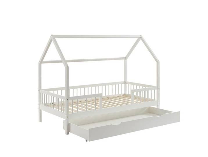 Lit cabane avec barrières TINY pin massif blanc 90x190 tiroir inclus