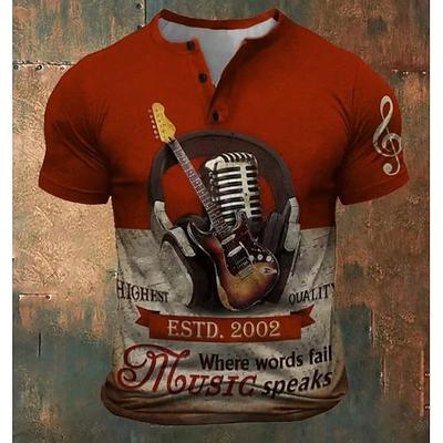 Herren Musikinstrument T Shirt Henley Hemd Kurzarm Designer Retro Vintage Lässig Lässig Täglich Straße Sommer Frühling Rot Henley Henley T-Shirt