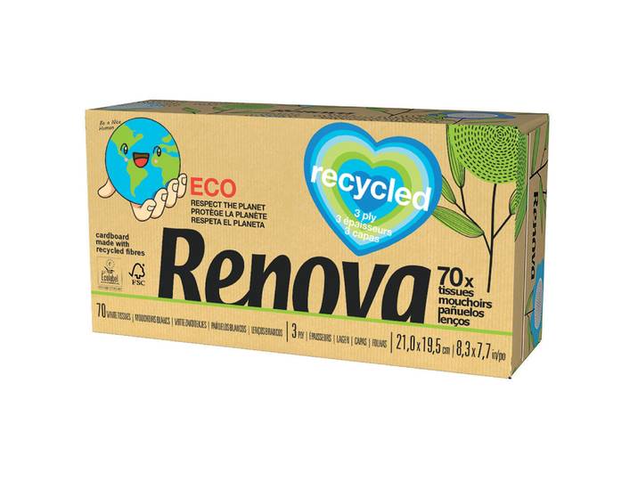Mouchoirs Renova 100% recyclé, 30 boîtes de 72 mouchoirs