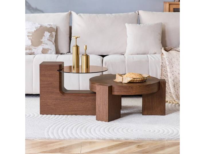 Table basse moderne 2 en 1 avec plateau verre marron et supports MDF noyer design démontable