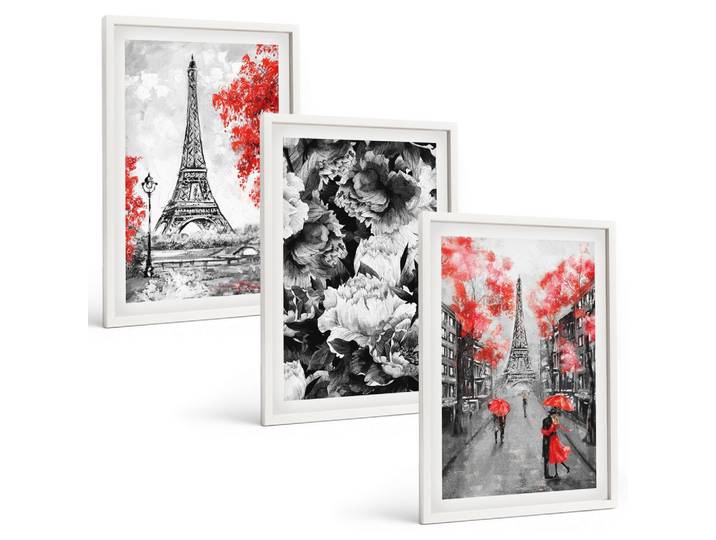 BILDER SET 3er Set - 40x60 cm Weißer Rahmen - graue Gemälde des Eiffelturms