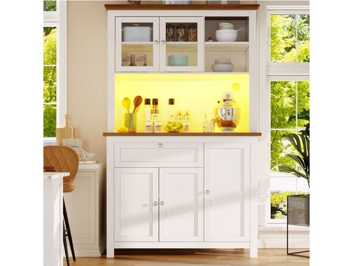 Buffet de cuisine haut AESVAR 104 x 40 x 180 cm avec LED vitrine étagères réglables blanc