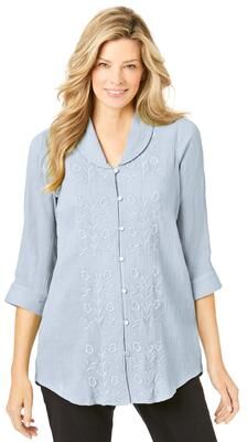 Plus Size Women's Textured Gauze Tunic with Shawl Collar by Woman Within in Pearl Grey (Size M)
