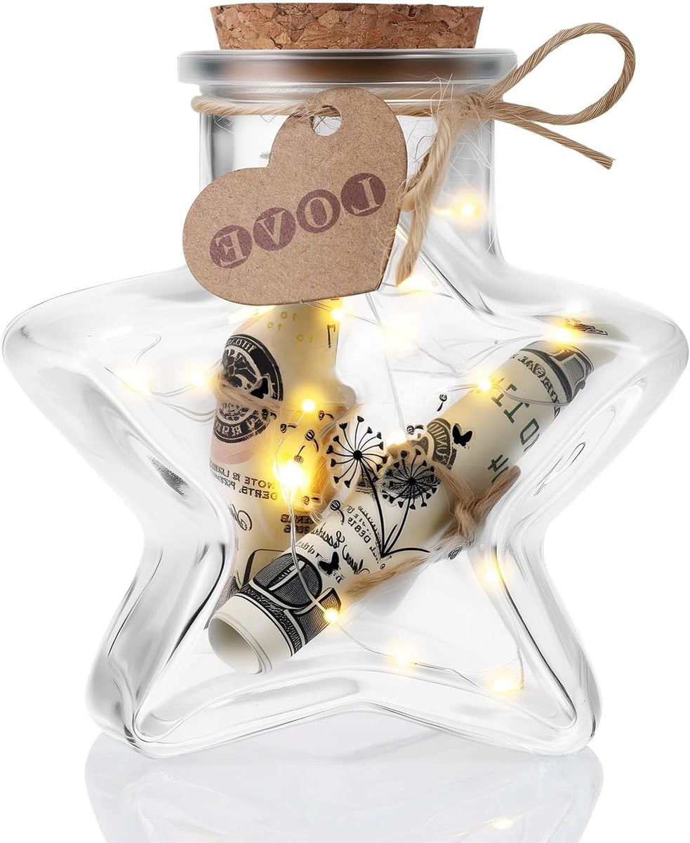 Sterrenvormige glazen drinkfles met kurken sluiting en LED-verlichting voor decoratie en feestjes