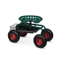 Relaxdays fahrbarer Gartensitz, höhenverstellbar, 150 kg, Stauraum, Rollsitz für Gartenarbeit, Stahl, Luftreifen, grün