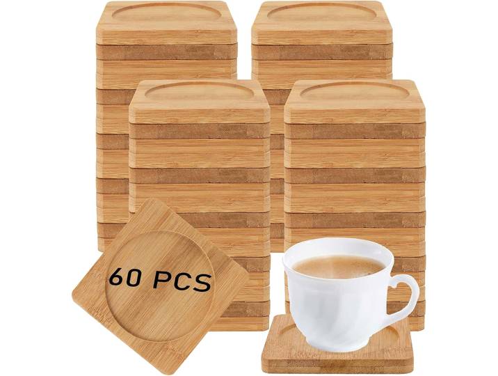 Paquet de 60 sous-verres en bambou de 3.7 pouces, sous-verres en bois naturel, ensemble de soucoupes carrées en bambou pour boissons, artisanat, plantes succulentes