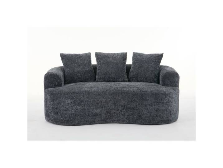Canapé fixe incurvé 2 places en chenille – Gris – 3 coussins inclus