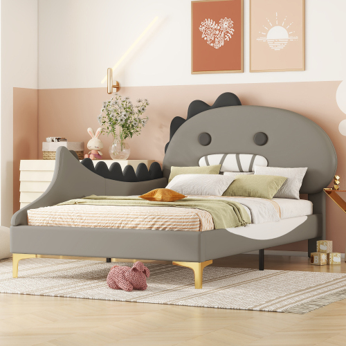 STILVORA Kinderbett 90×200cm Polsterbett Einzelbett mit Lattenrost,Jugendbett Einzelbett mit Kopfteil in Dinosaurierform,Grau (mit Matratze)