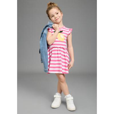 Jerseykleid KIDSWORLD "mit Pailletten für kleine Mädchen - Kirschen oder Zitronen Motiv", Mädchen, Gr. 140/146, N-Gr, rosa (pink geringelt), Jersey, Obermaterial: 95% Baumwolle, 5% Elasthan, bedruckt, geringelt, ausgestellt kniefrei, Rundhals,...