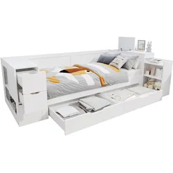 Multifunktionales Tagesbett mit Stauraum und Schublade aus Holz in Weiß flexibel als Sofa oder Schlafbett nutzbar 90x200 cm Weiß