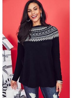 Plus Size Women's Fair Isle Pullover Sweater by Roaman's in Black Classic Fair Isle (Size 12)