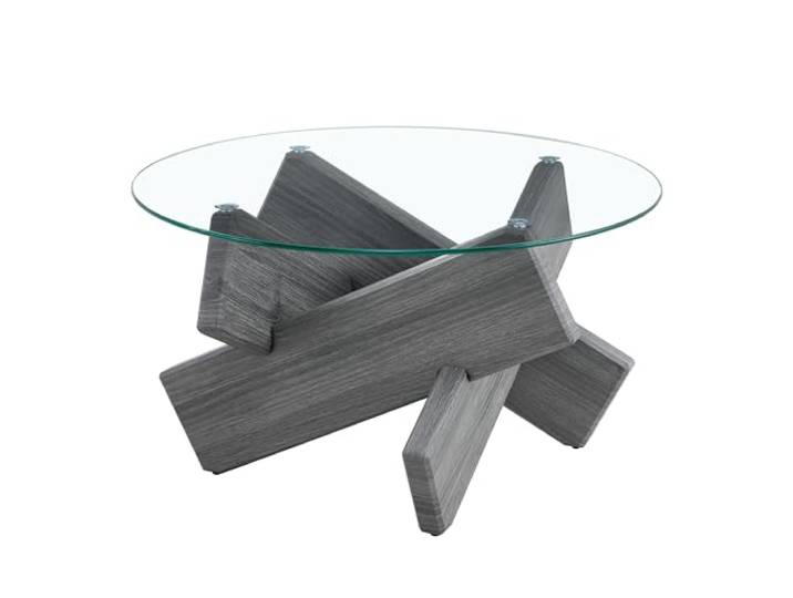 FurnitureR Couchtisch 79 x 79 x 45 cm, Grau, runder Glastisch mit kreuzförmigem MDF-Gestell, aus MDF und Glas, für Wohnzimmer, Sofa, Lounge und Apartment, Wohnzimmer Sofa Lounge, modernes Design