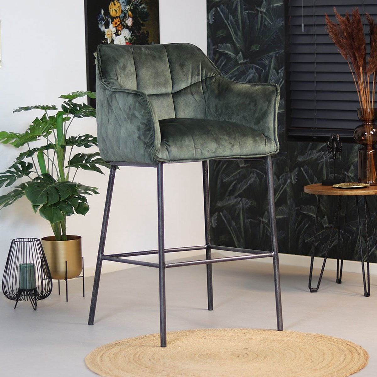 Bronx71 Velvet barkruk Jayron groen 82 cm