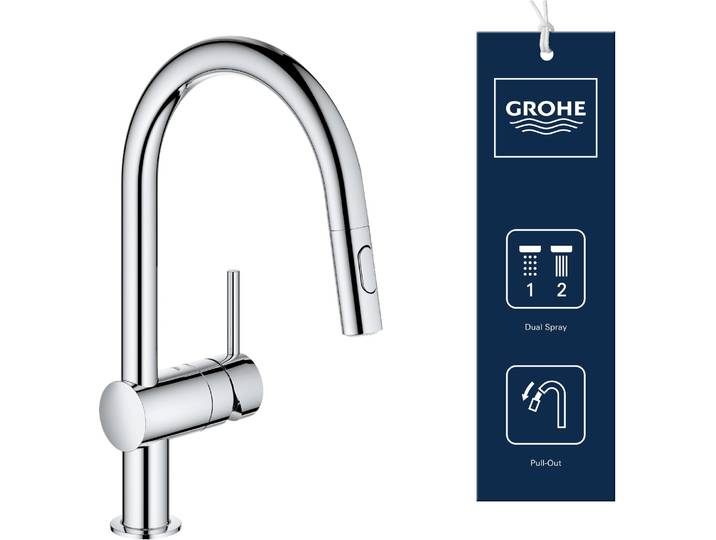 GROHE Minta Keukenkraan - Hoge uitloop - 360° Draaibereik - Met Uittrekbare Handdouche en 2 Straalsoorten - Chroom