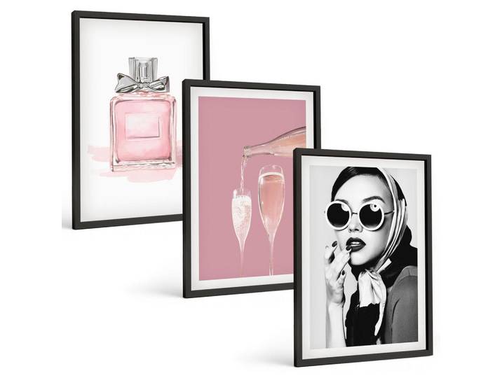 Tulup Bilder SET 3er Set - 40x60 cm Schwarzer Rahmen - Stilvolle pinkfarbene Accessoires, Kunststoff, Rechteckig, 40x60 cm, Fotografie, Bilder & Rahmen, Bilder