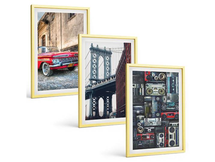 Tulup Bilder SET 3er Set - 40x60 cm Goldrahmen - Alte Autobrücke Brooklyn Retro-Audio, Goldfarben, Kunststoff, Rechteckig, 40x60 cm, einfache und schnelle Anbringung, Bilder & Rahmen, Bilder