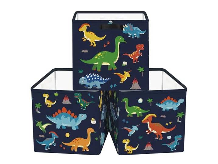 Clastyle Lot de 3 Boite Rangement Tissu Dinosaure Cube de Rangement Pliable Panier Kallax pour Salle de Bain\, Noir\, 30x30x30 cm