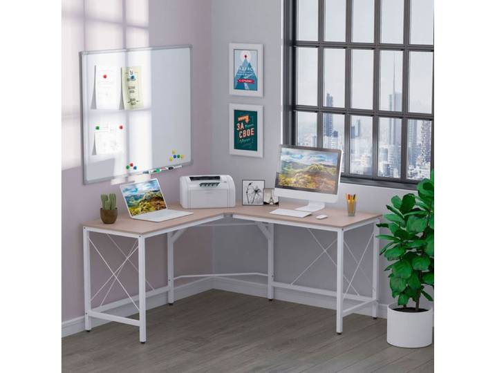 Bureau d'Angle 150 × 150 avec Pieds Reglables - MODENVIE - Plateau MDF Melamine Metal Blanc Naturel 150 × 150 × 76 cm