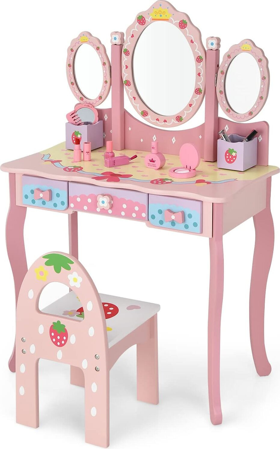 Costway Kindermakeuptafelset met Stoel en Opklapbare Spiegel, Roze