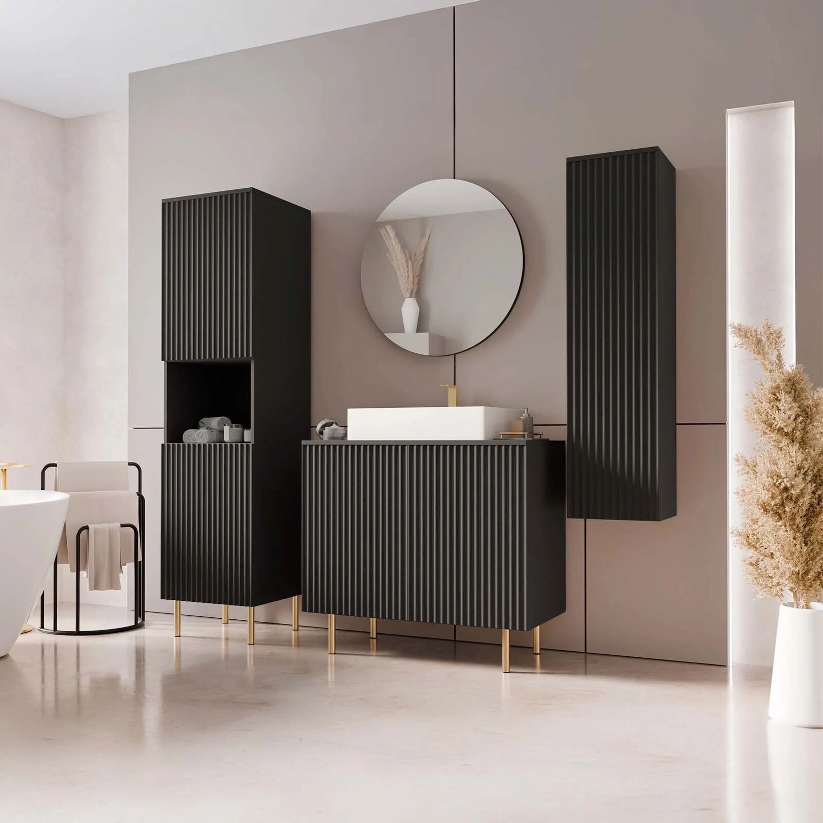 garneroarredamenti Mobile bagno a terra cannettato 87 cm con colonna sospesa e a terra, specchio nero Nuria