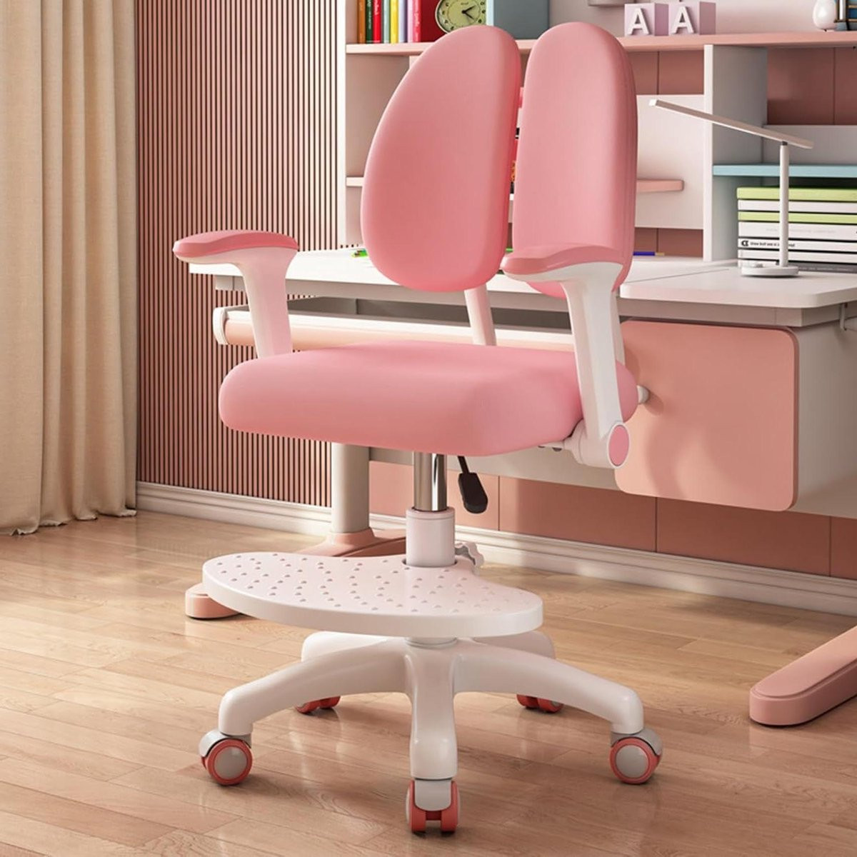Roze Kinderbureau Stoel met Dubbele Rugsteun voor Studie en Huiswerk, Hoogte: 99 cm