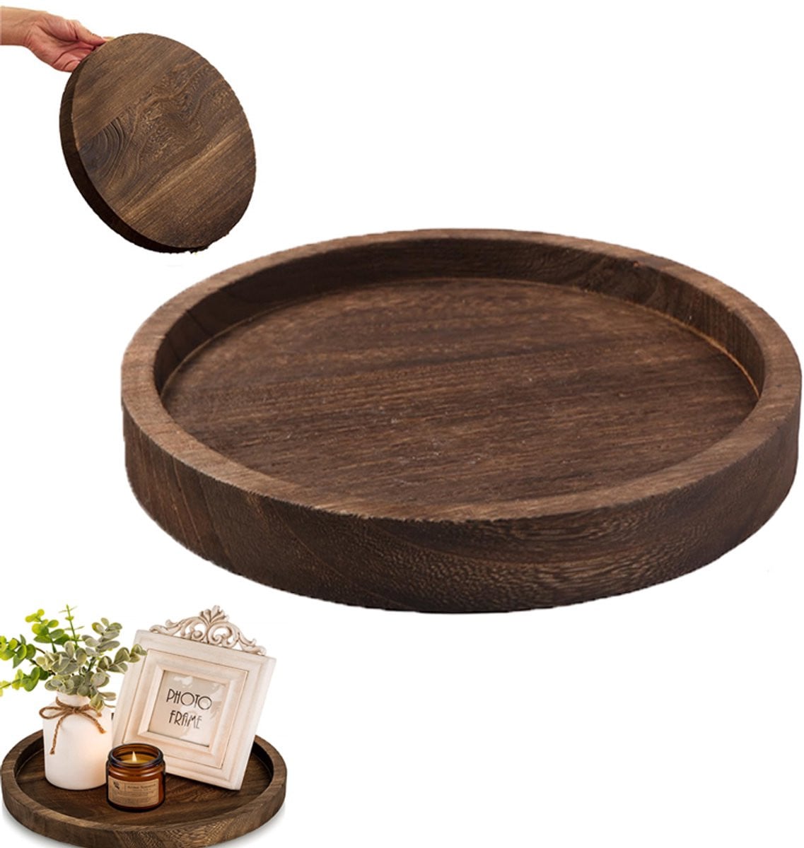 Ronde houten decoratieve schaal als kandelaar en dienblad voor tafeldecoratie