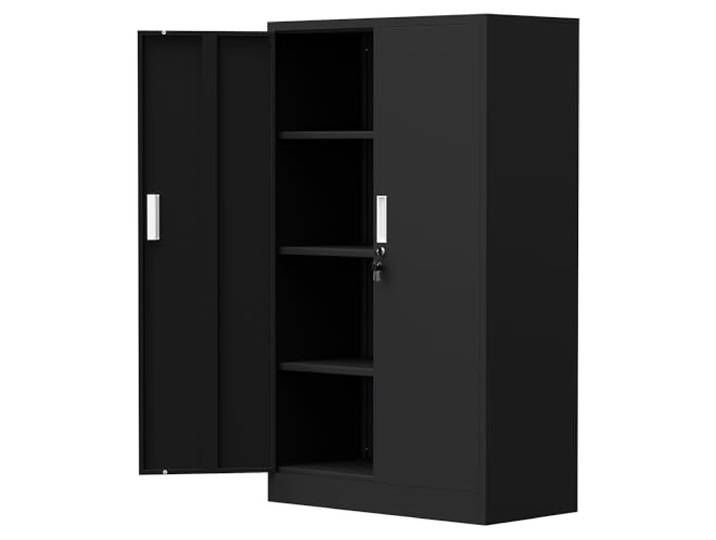 iJINGUR Metallschrank, abschließbar, 2 Türen, 136 x 80 x 40 cm, Schwarz 4 Schlüssel, 3 verstellbare Einlegeböden für Akten, Werkzeuge und Vorräte; für Büro, Garage und Werkstatt