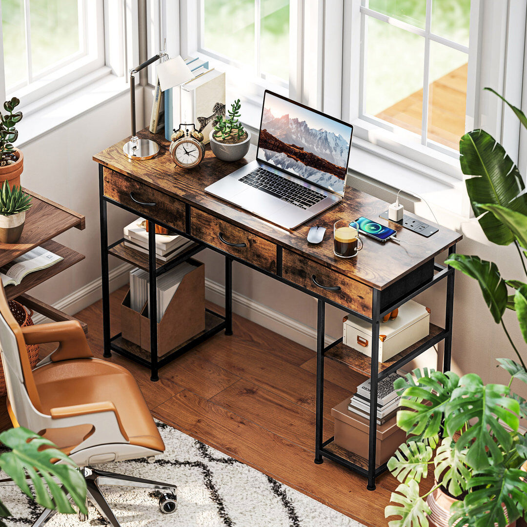 Borough Wharf HOMCOM Computer Writing Desk with Power Outlets, Drawers, Shelves Brown/Brown