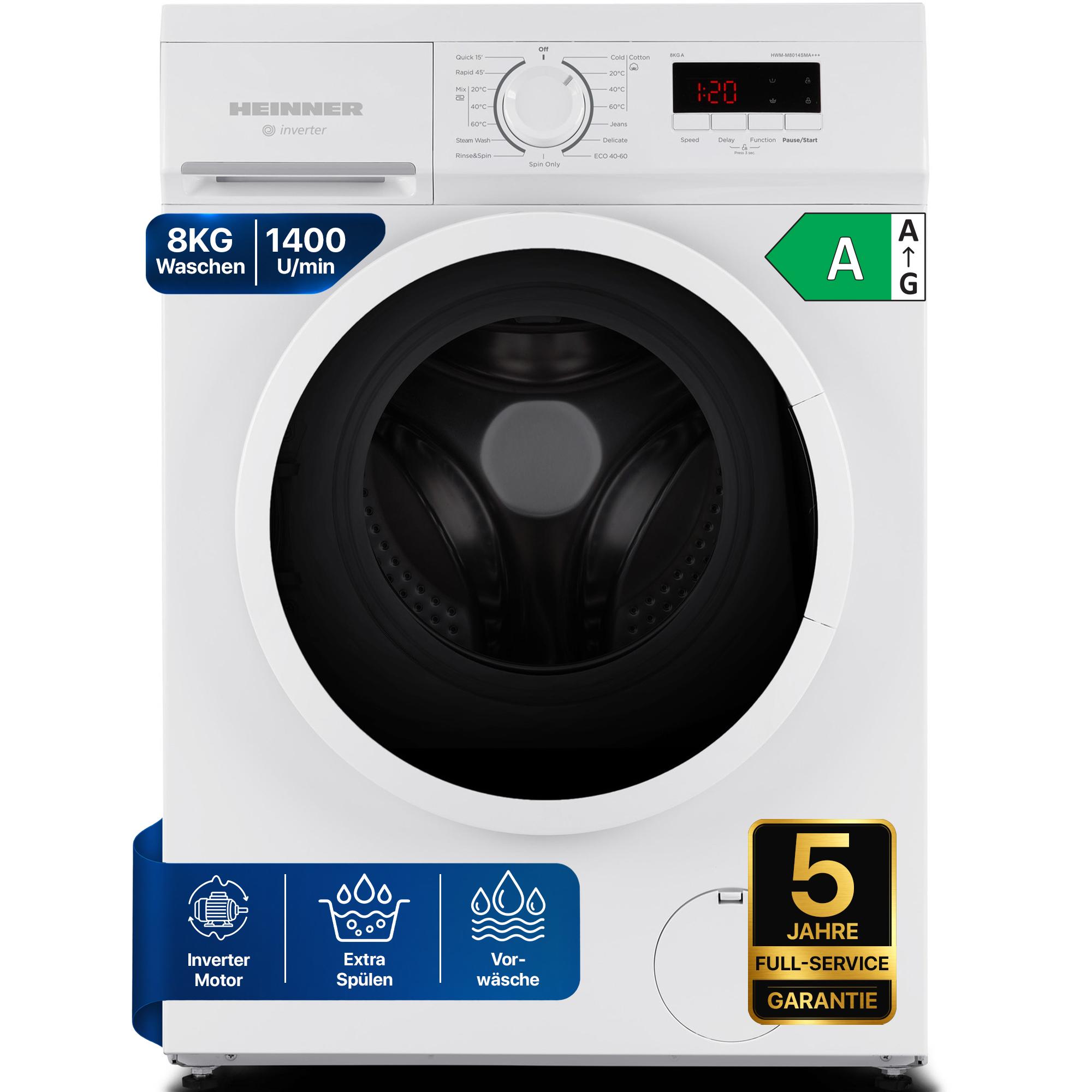 Heinner HWM-M8014SMA Waschmaschine 8 kg, 1400 U/min, 90 °C Hygieneprogramm, 15 min Schnell, Weiß