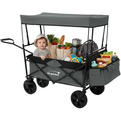 BOLLERWAGEN faltbar mit Dach L Grau Handwage für Kinder Strand Picknick
