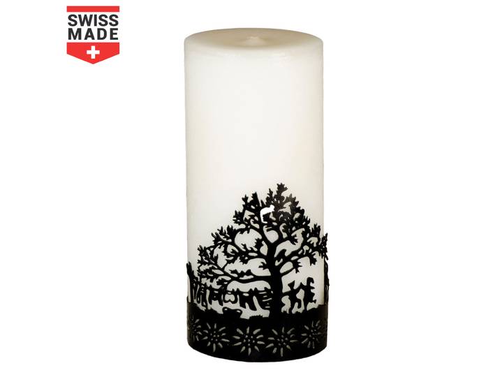 Cremeweisse Kerze mit Metallring Scherenschnitt, 70 x 170 mm, Sujet Baum