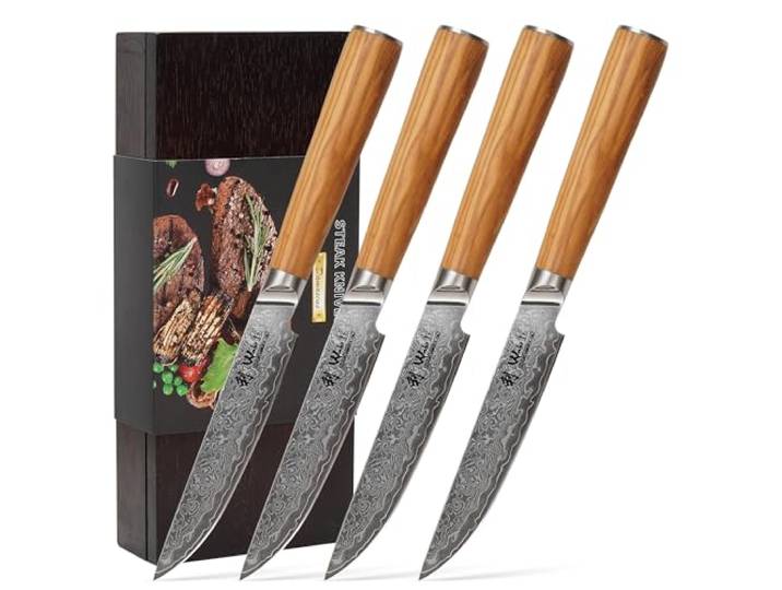 Wakoli Oribu 4er Steakmesser-Set, 12,5 cm Klingen, Damaststahl, VG10-Kern Olivenholzgriffe, glatte Klingen mit 15°-V-Schliff, Holzbox; für Steak, Braten und Grillfleisch, für Rechts- und Linkshänder.
