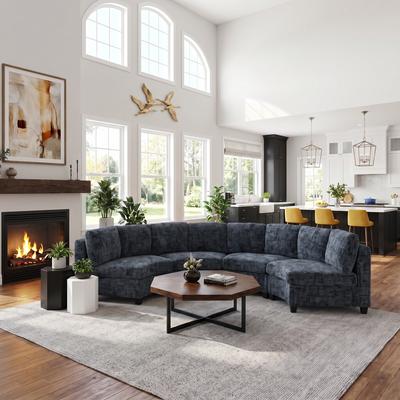 GDFStudio - 4-Seater Curved Modular Chenille Sectional Sofa with Solid Wood Frame, Pocket Spring & Foam Cushion