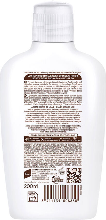 Ecran Sunnique Broncea+ Lait protecteur Spf 30 200 ml