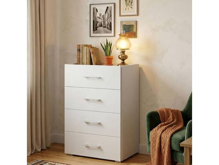 Dmora - Commode Aster\, Commode avec 4 tiroirs pour chambre\, Armoire polyvalente pour bureau ou studio\, Cm 50x41h87\, Blanc et Béton