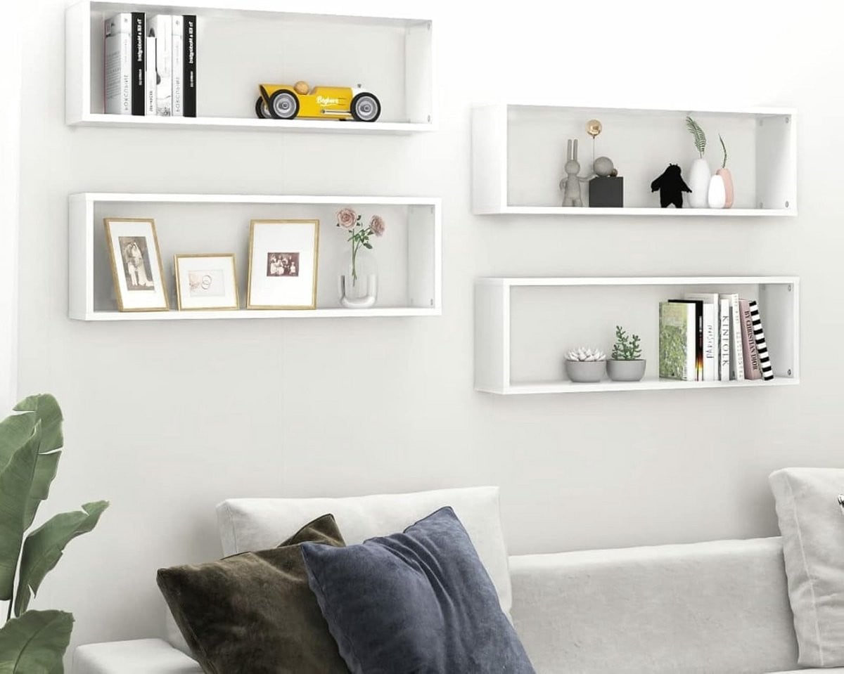 Set van 4 witte houten kubus zwevende wandplanken voor de woonkamer, badkamer of keuken