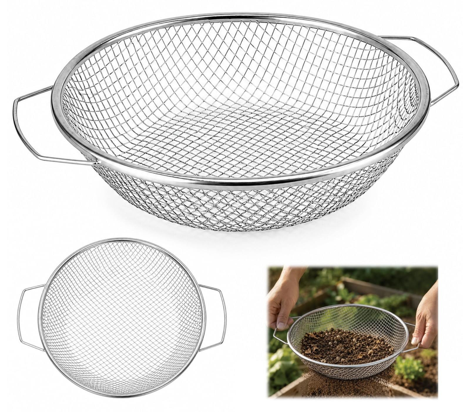 Dripio RVS-zeef met dubbele handgreep, 30 cm, fijnmazig, geschikt voor aarde en compost