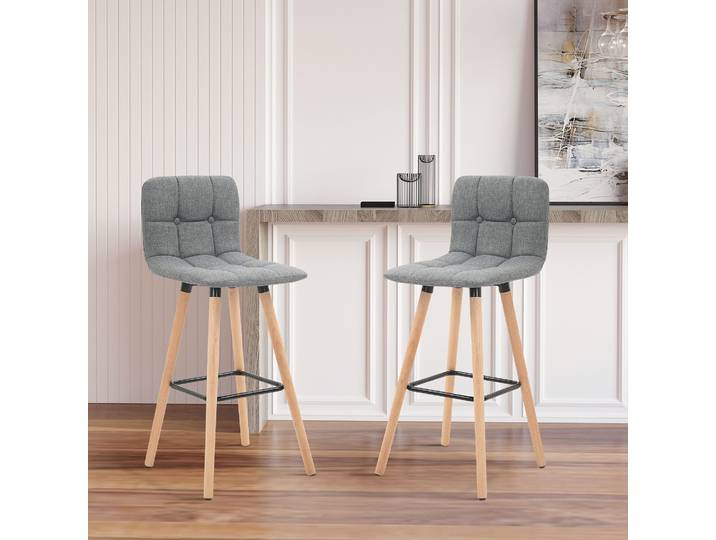 HOMCOM Lot 2 Tabourets Bar Capitonnés Bois Gris 41,5x47x97,5cm