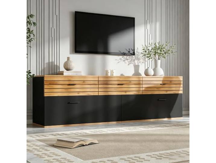 VIIOOIIV TV-Schrank, Lowboard 168 cm lang, Fernsehtisch für Wohnzimmer mit Schublade und Schrank, Natürlich+Schwarz (168 * 38 * 59 cm)