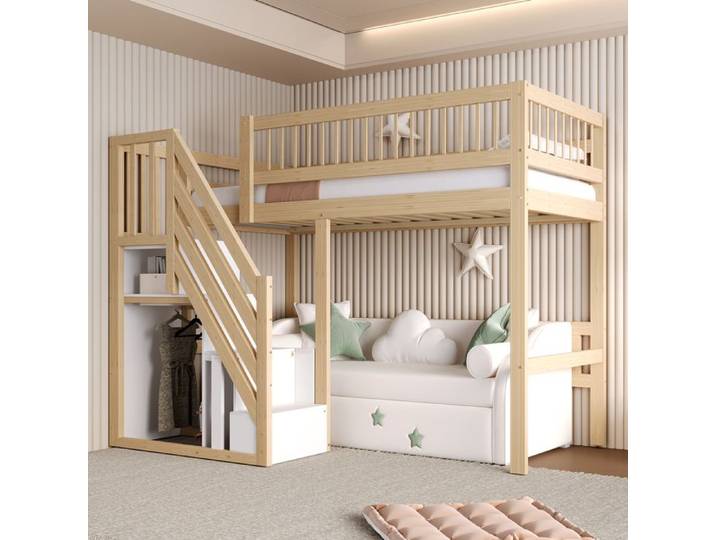 lit 90x200 surélevé avec escalier de rangement bois naturel chambre enfant ORVRYN