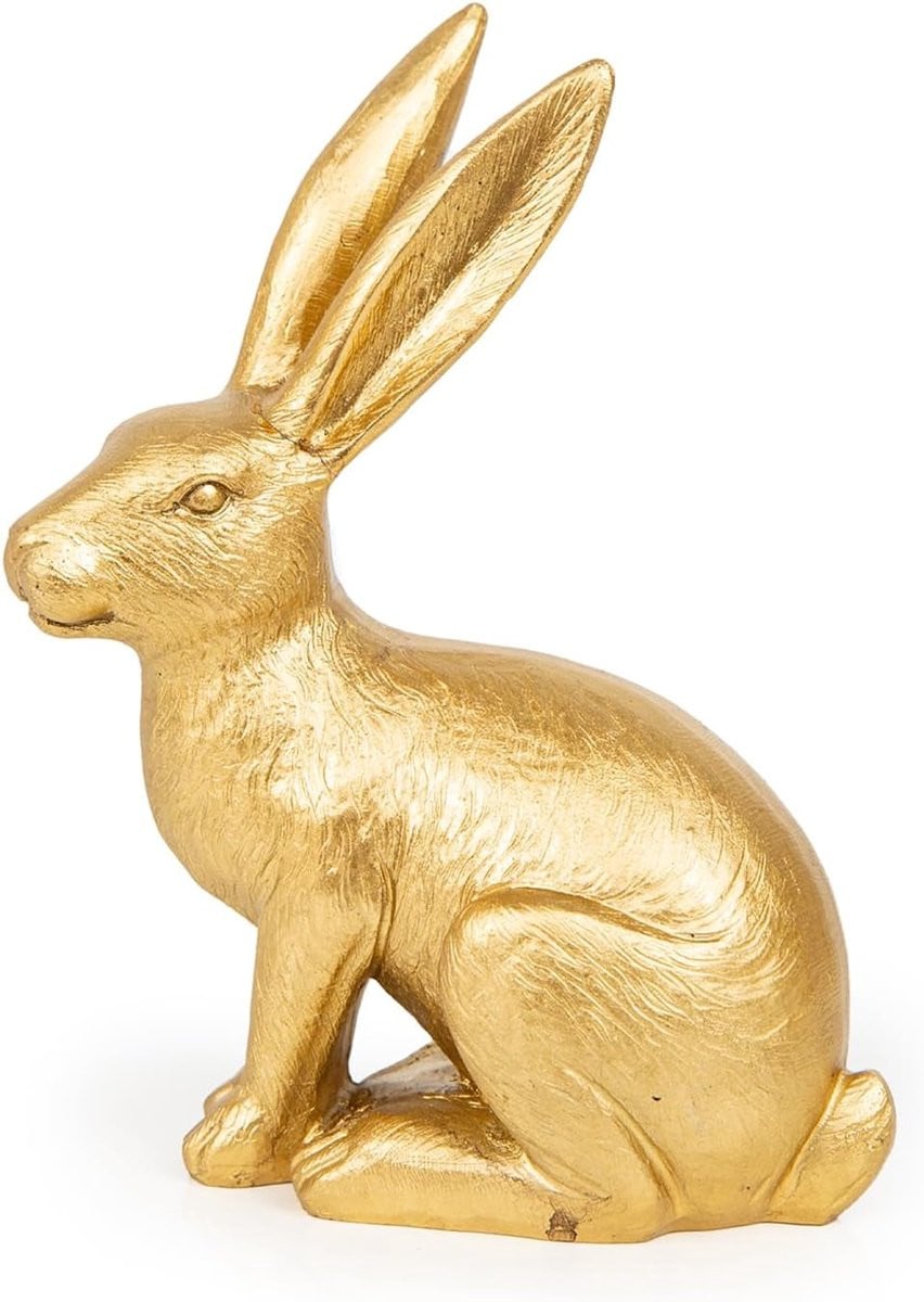 Goudkleurig Paashaas Figuur - Zittend Konijn Lente Decoratie - Hoogte: 16.5 cm