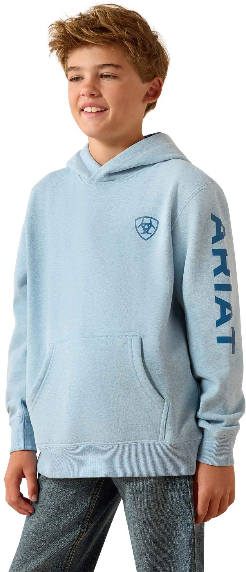 Kid's Logo Hoodie in Baby Blue Heather, Size: Large by Ariat